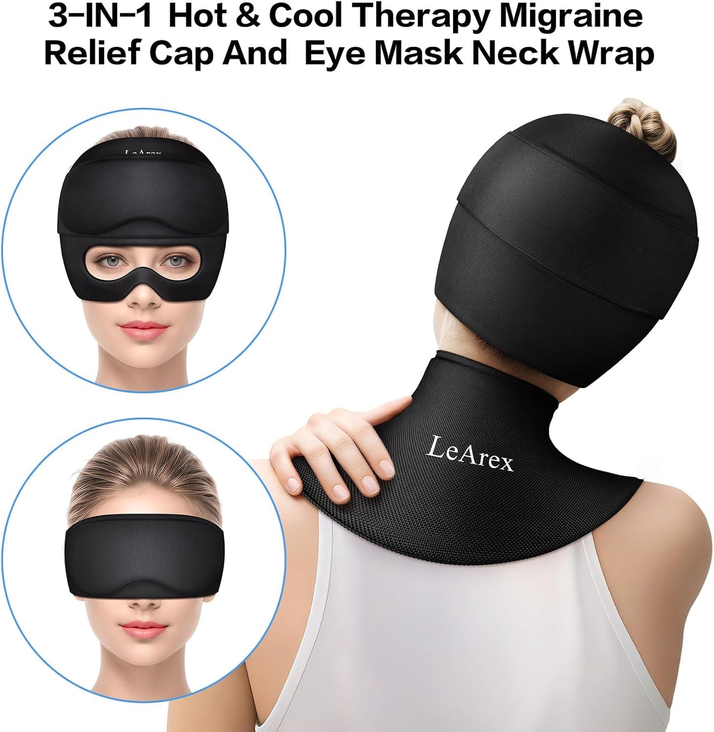 3 in 1 Migraine Relief Cap Neck Ice Pack Wrap Gel and Ice Eye Masks, Detachable Ice Caps with Eyes Masks, Hot and Cold Therapy for Relief of Headaches, Stiff Neck and Eye Fatigue