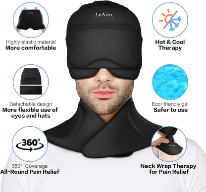 3 in 1 Migraine Relief Cap Neck Ice Pack Wrap Gel and Ice Eye Masks, Detachable Ice Caps with Eyes Masks, Hot and Cold Therapy for Relief of Headaches, Stiff Neck and Eye Fatigue