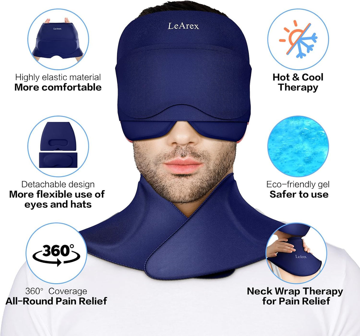 3 in 1 Migraine Relief Cap Neck Ice Pack Wrap Gel and Ice Eye Masks, Detachable Ice Caps with Eyes Masks, Hot and Cold Therapy for Relief of Headaches, Stiff Neck and Eye Fatigue