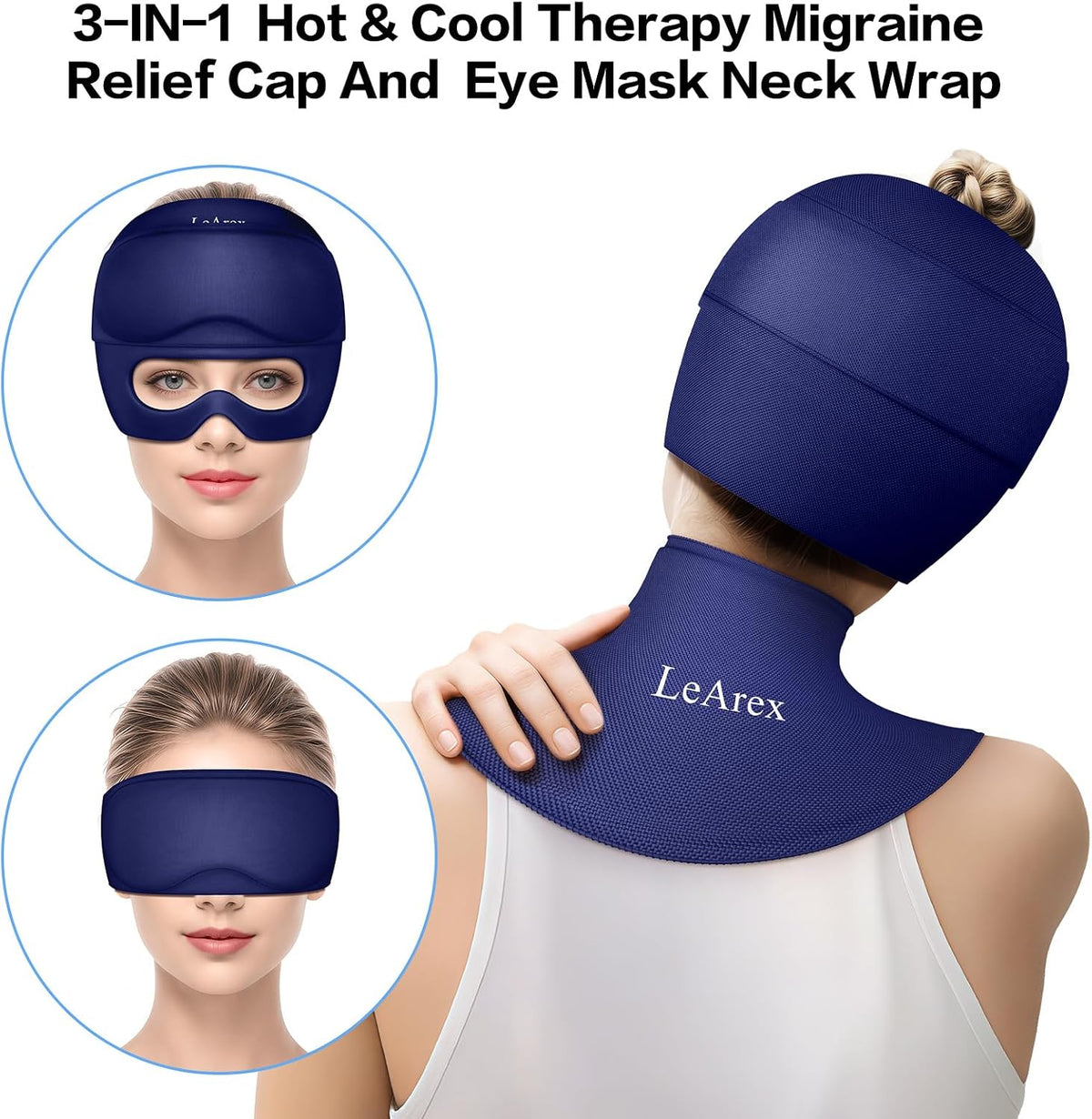 3 in 1 Migraine Relief Cap Neck Ice Pack Wrap Gel and Ice Eye Masks, Detachable Ice Caps with Eyes Masks, Hot and Cold Therapy for Relief of Headaches, Stiff Neck and Eye Fatigue