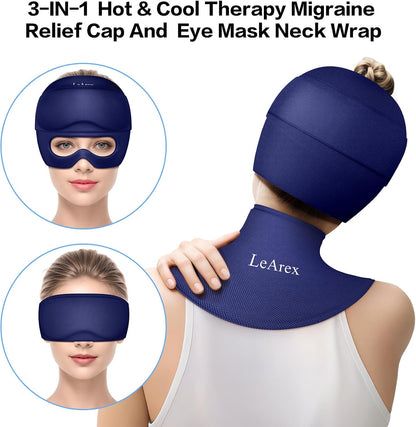 3 in 1 Migraine Relief Cap Neck Ice Pack Wrap Gel and Ice Eye Masks, Detachable Ice Caps with Eyes Masks, Hot and Cold Therapy for Relief of Headaches, Stiff Neck and Eye Fatigue