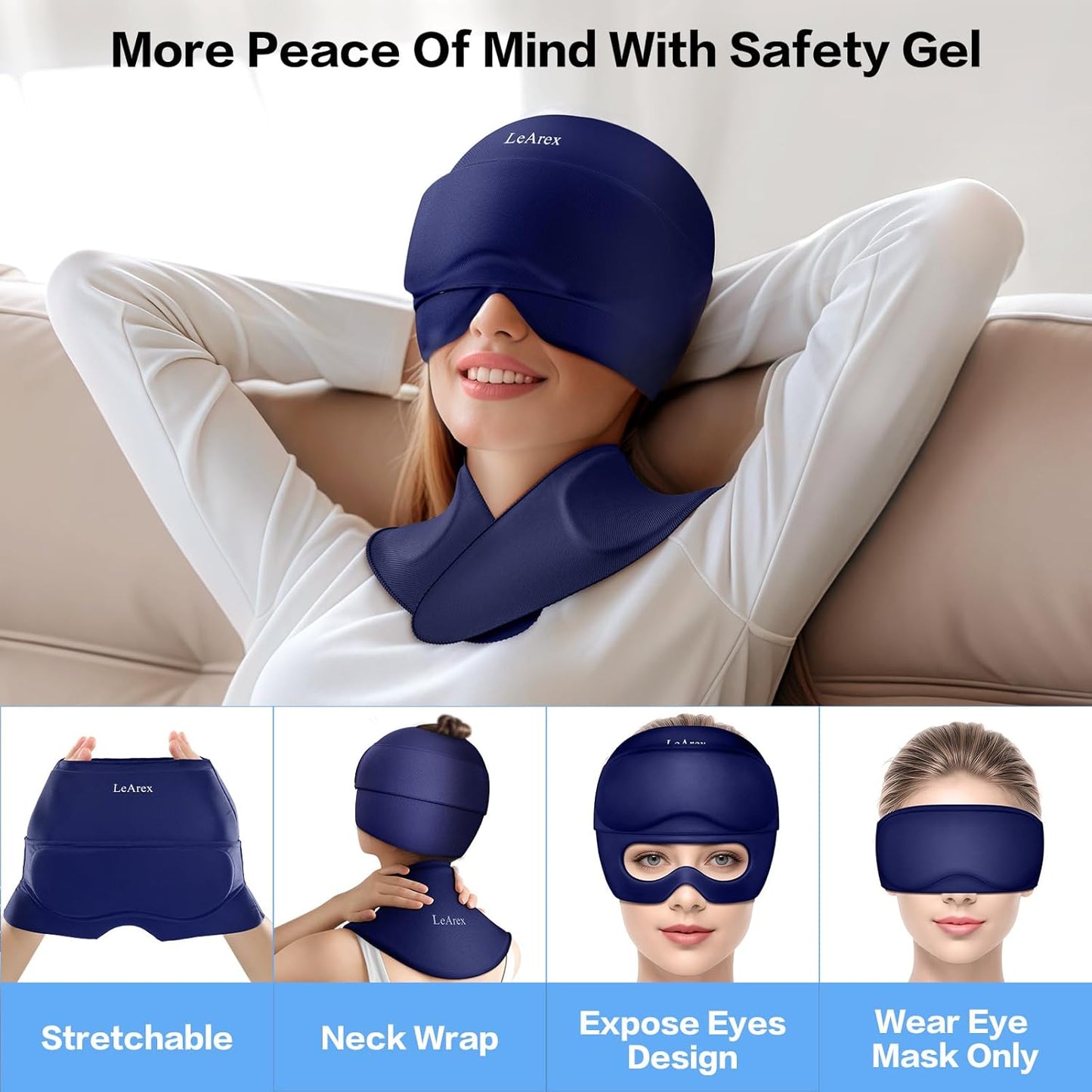 3 in 1 Migraine Relief Cap Neck Ice Pack Wrap Gel and Ice Eye Masks, Detachable Ice Caps with Eyes Masks, Hot and Cold Therapy for Relief of Headaches, Stiff Neck and Eye Fatigue