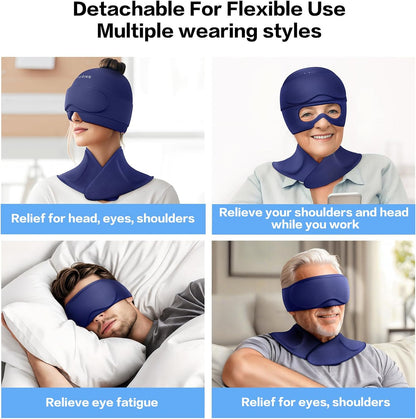 3 in 1 Migraine Relief Cap Neck Ice Pack Wrap Gel and Ice Eye Masks, Detachable Ice Caps with Eyes Masks, Hot and Cold Therapy for Relief of Headaches, Stiff Neck and Eye Fatigue