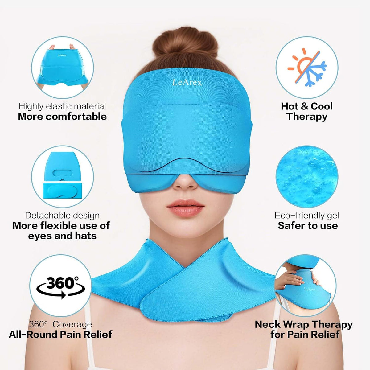 3 in 1 Migraine Relief Cap Neck Ice Pack Wrap Gel and Ice Eye Masks, Detachable Ice Caps with Eyes Masks, Hot and Cold Therapy for Relief of Headaches, Stiff Neck and Eye Fatigue