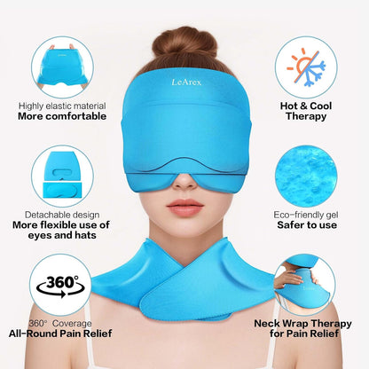 3 in 1 Migraine Relief Cap Neck Ice Pack Wrap Gel and Ice Eye Masks, Detachable Ice Caps with Eyes Masks, Hot and Cold Therapy for Relief of Headaches, Stiff Neck and Eye Fatigue