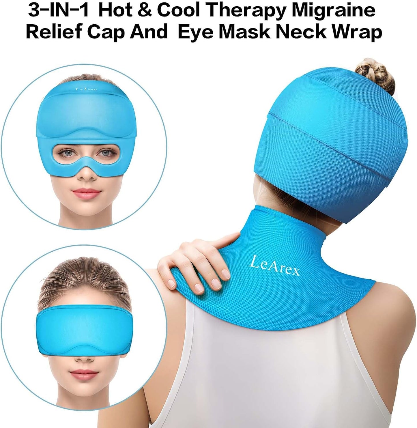 3 in 1 Migraine Relief Cap Neck Ice Pack Wrap Gel and Ice Eye Masks, Detachable Ice Caps with Eyes Masks, Hot and Cold Therapy for Relief of Headaches, Stiff Neck and Eye Fatigue
