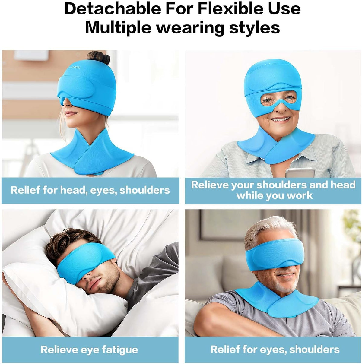 3 in 1 Migraine Relief Cap Neck Ice Pack Wrap Gel and Ice Eye Masks, Detachable Ice Caps with Eyes Masks, Hot and Cold Therapy for Relief of Headaches, Stiff Neck and Eye Fatigue
