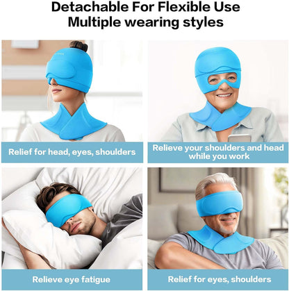 3 in 1 Migraine Relief Cap Neck Ice Pack Wrap Gel and Ice Eye Masks, Detachable Ice Caps with Eyes Masks, Hot and Cold Therapy for Relief of Headaches, Stiff Neck and Eye Fatigue