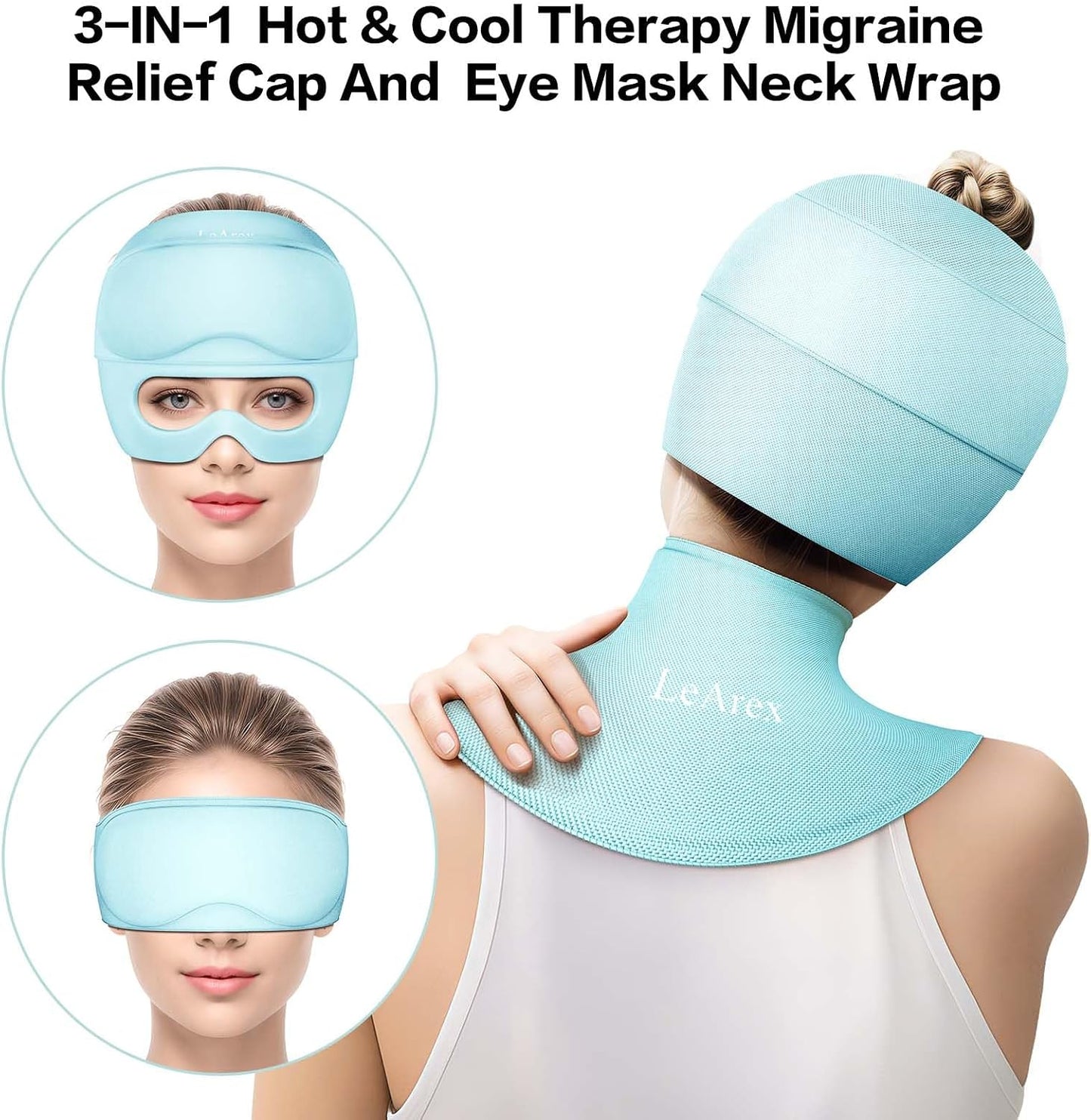 3 in 1 Migraine Relief Cap Neck Ice Pack Wrap Gel and Ice Eye Masks, Detachable Ice Caps with Eyes Masks, Hot and Cold Therapy for Relief of Headaches, Stiff Neck and Eye Fatigue
