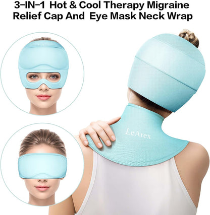 3 in 1 Migraine Relief Cap Neck Ice Pack Wrap Gel and Ice Eye Masks, Detachable Ice Caps with Eyes Masks, Hot and Cold Therapy for Relief of Headaches, Stiff Neck and Eye Fatigue