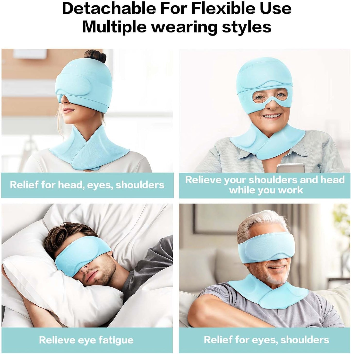 3 in 1 Migraine Relief Cap Neck Ice Pack Wrap Gel and Ice Eye Masks, Detachable Ice Caps with Eyes Masks, Hot and Cold Therapy for Relief of Headaches, Stiff Neck and Eye Fatigue