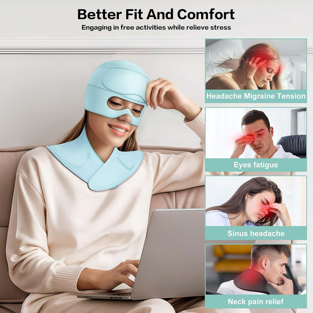 3 in 1 Migraine Relief Cap Neck Ice Pack Wrap Gel and Ice Eye Masks, Detachable Ice Caps with Eyes Masks, Hot and Cold Therapy for Relief of Headaches, Stiff Neck and Eye Fatigue