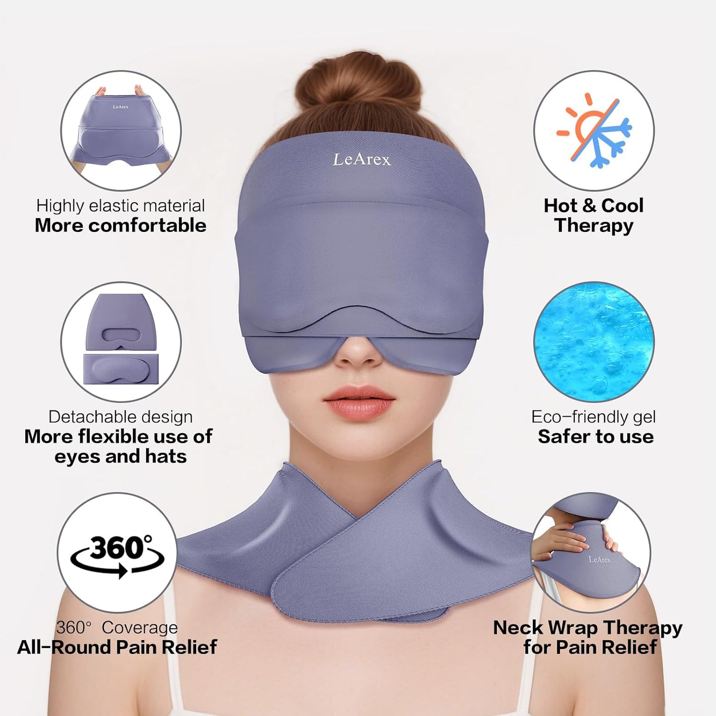 3 in 1 Migraine Relief Cap Neck Ice Pack Wrap Gel and Ice Eye Masks, Detachable Ice Caps with Eyes Masks, Hot and Cold Therapy for Relief of Headaches, Stiff Neck and Eye Fatigue