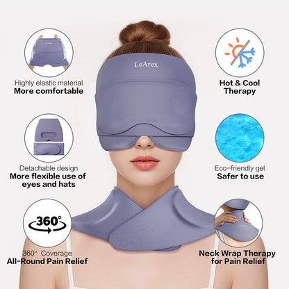 3 in 1 Migraine Relief Cap Neck Ice Pack Wrap Gel and Ice Eye Masks, Detachable Ice Caps with Eyes Masks, Hot and Cold Therapy for Relief of Headaches, Stiff Neck and Eye Fatigue