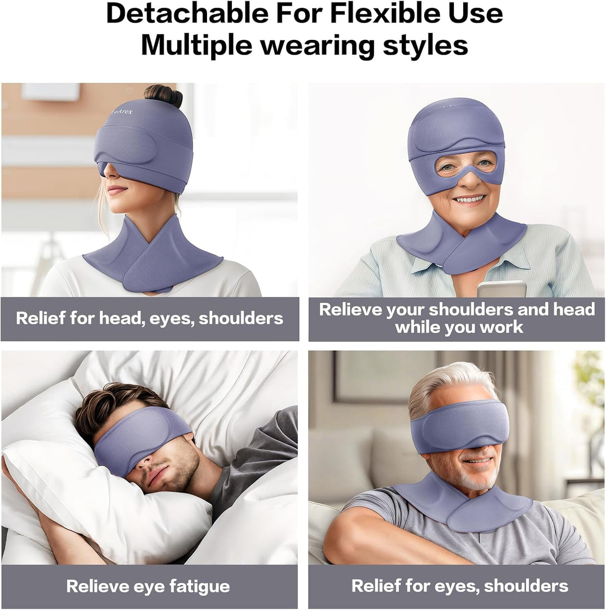 3 in 1 Migraine Relief Cap Neck Ice Pack Wrap Gel and Ice Eye Masks, Detachable Ice Caps with Eyes Masks, Hot and Cold Therapy for Relief of Headaches, Stiff Neck and Eye Fatigue