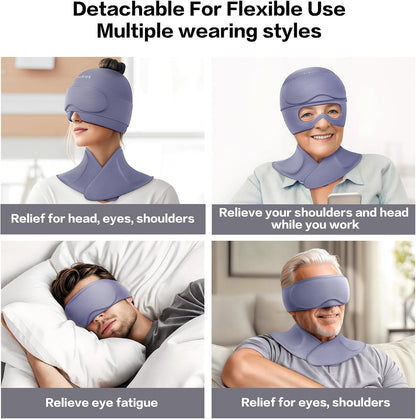 3 in 1 Migraine Relief Cap Neck Ice Pack Wrap Gel and Ice Eye Masks, Detachable Ice Caps with Eyes Masks, Hot and Cold Therapy for Relief of Headaches, Stiff Neck and Eye Fatigue