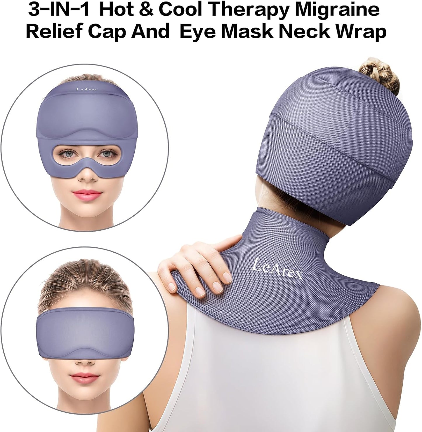 3 in 1 Migraine Relief Cap Neck Ice Pack Wrap Gel and Ice Eye Masks, Detachable Ice Caps with Eyes Masks, Hot and Cold Therapy for Relief of Headaches, Stiff Neck and Eye Fatigue