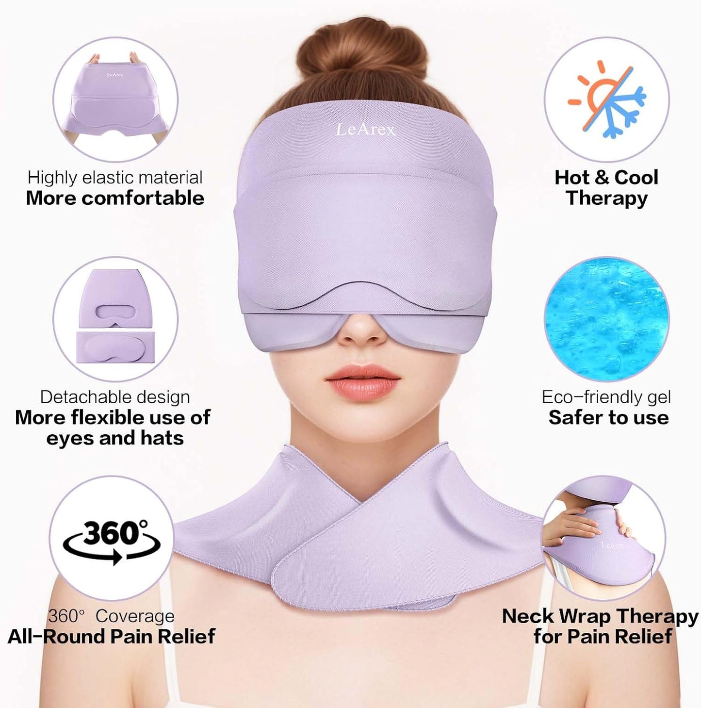 3 in 1 Migraine Relief Cap Neck Ice Pack Wrap Gel and Ice Eye Masks, Detachable Ice Caps with Eyes Masks, Hot and Cold Therapy for Relief of Headaches, Stiff Neck and Eye Fatigue