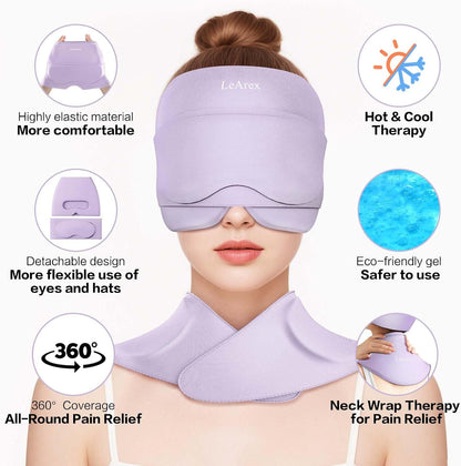 3 in 1 Migraine Relief Cap Neck Ice Pack Wrap Gel and Ice Eye Masks, Detachable Ice Caps with Eyes Masks, Hot and Cold Therapy for Relief of Headaches, Stiff Neck and Eye Fatigue