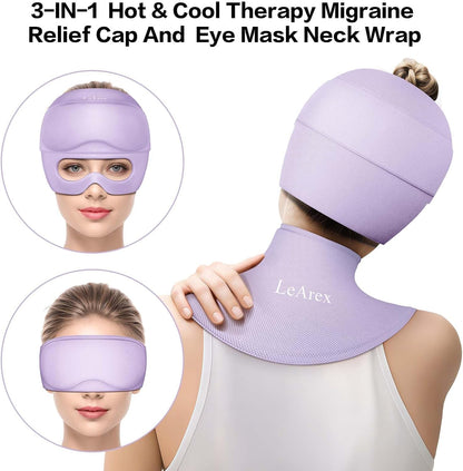 3 in 1 Migraine Relief Cap Neck Ice Pack Wrap Gel and Ice Eye Masks, Detachable Ice Caps with Eyes Masks, Hot and Cold Therapy for Relief of Headaches, Stiff Neck and Eye Fatigue