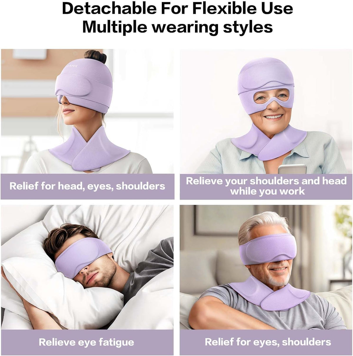 3 in 1 Migraine Relief Cap Neck Ice Pack Wrap Gel and Ice Eye Masks, Detachable Ice Caps with Eyes Masks, Hot and Cold Therapy for Relief of Headaches, Stiff Neck and Eye Fatigue