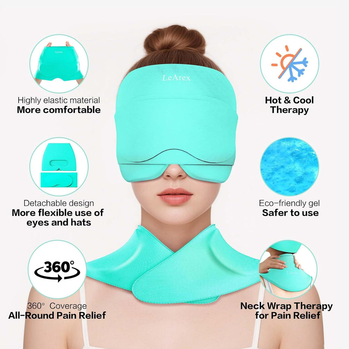 3 in 1 Migraine Relief Cap Neck Ice Pack Wrap Gel and Ice Eye Masks, Detachable Ice Caps with Eyes Masks, Hot and Cold Therapy for Relief of Headaches, Stiff Neck and Eye Fatigue