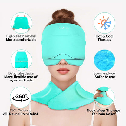 3 in 1 Migraine Relief Cap Neck Ice Pack Wrap Gel and Ice Eye Masks, Detachable Ice Caps with Eyes Masks, Hot and Cold Therapy for Relief of Headaches, Stiff Neck and Eye Fatigue