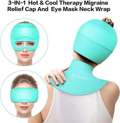 3 in 1 Migraine Relief Cap Neck Ice Pack Wrap Gel and Ice Eye Masks, Detachable Ice Caps with Eyes Masks, Hot and Cold Therapy for Relief of Headaches, Stiff Neck and Eye Fatigue