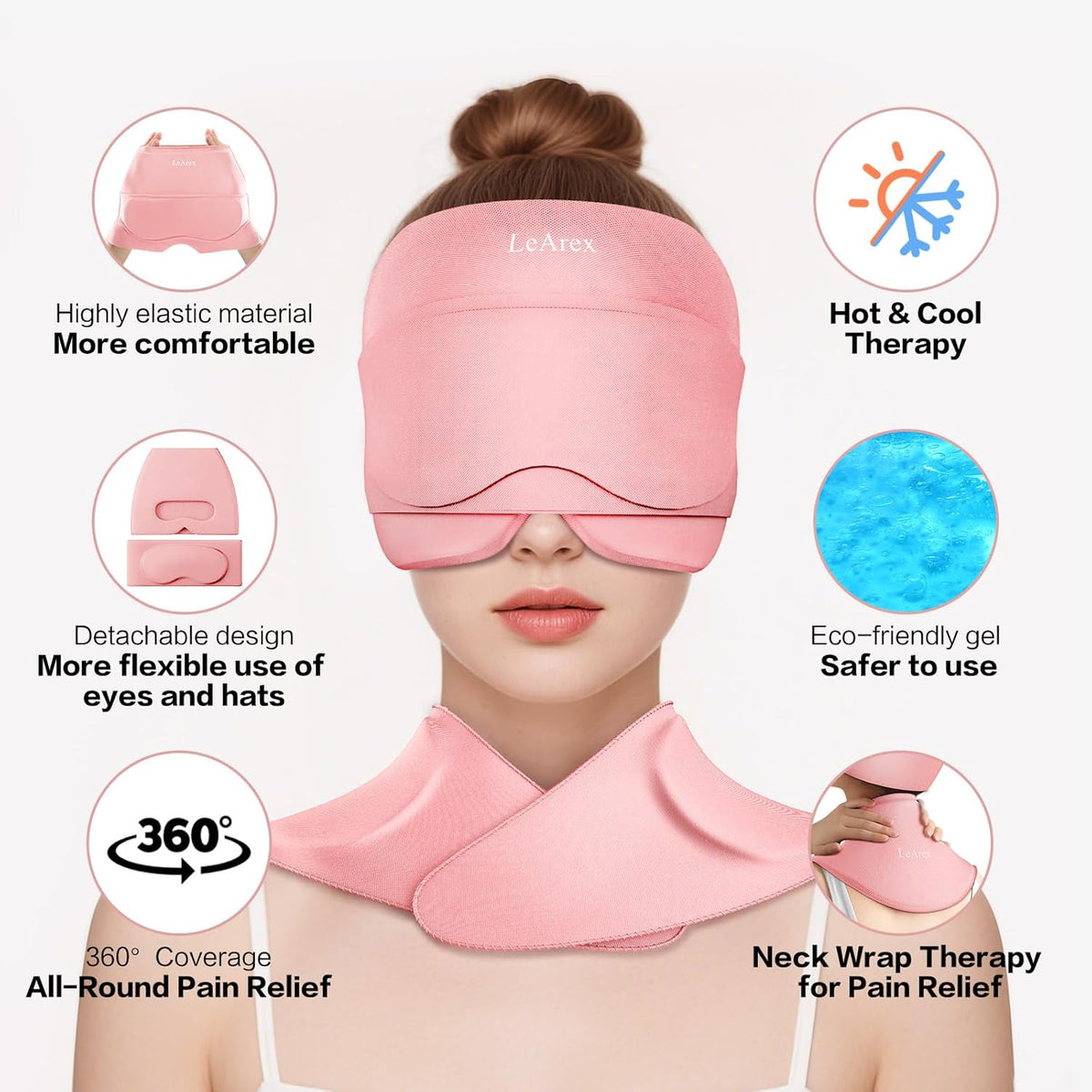 3 in 1 Migraine Relief Cap Neck Ice Pack Wrap Gel and Ice Eye Masks, Detachable Ice Caps with Eyes Masks, Hot and Cold Therapy for Relief of Headaches, Stiff Neck and Eye Fatigue