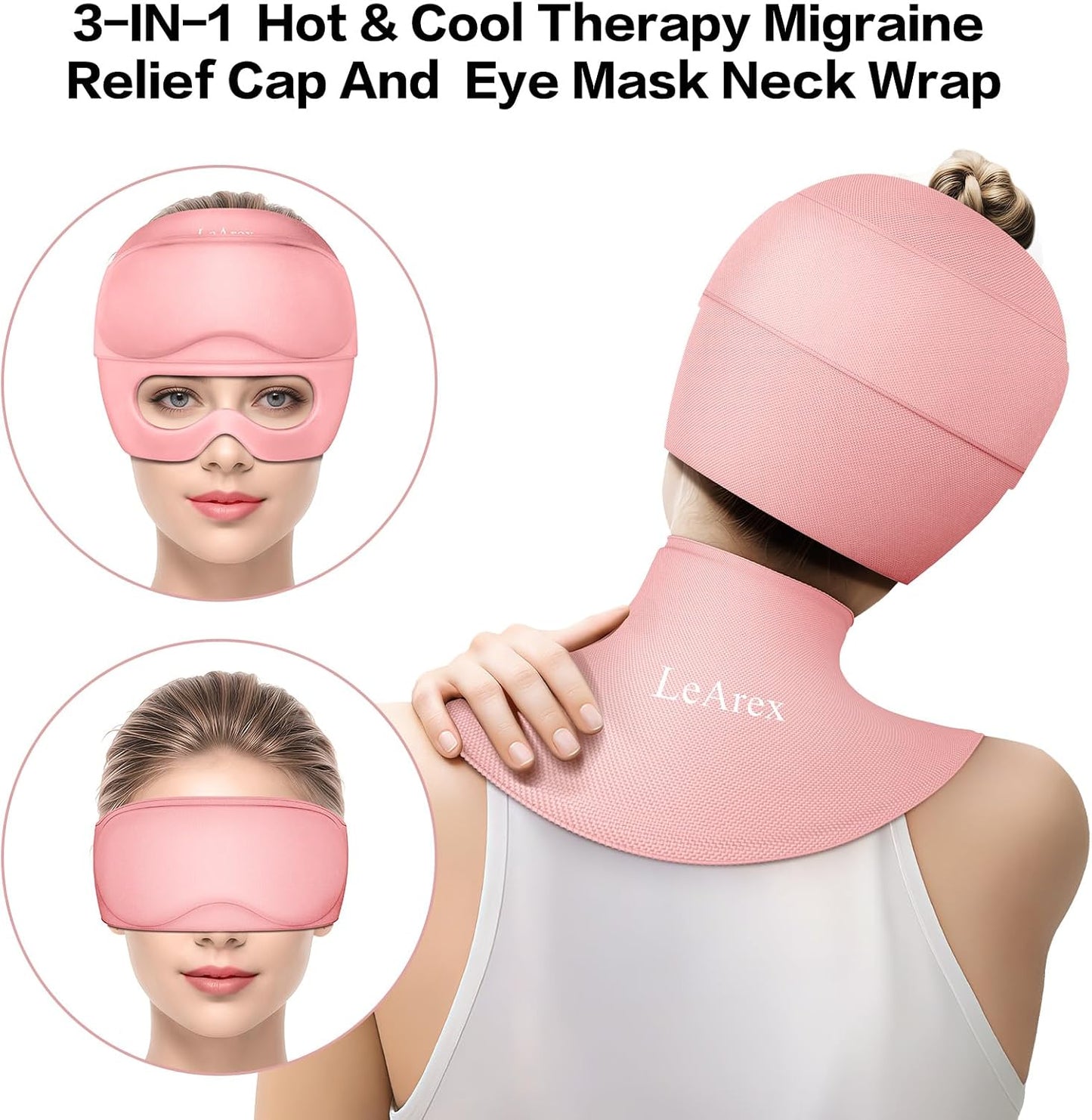 3 in 1 Migraine Relief Cap Neck Ice Pack Wrap Gel and Ice Eye Masks, Detachable Ice Caps with Eyes Masks, Hot and Cold Therapy for Relief of Headaches, Stiff Neck and Eye Fatigue