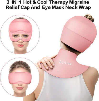 3 in 1 Migraine Relief Cap Neck Ice Pack Wrap Gel and Ice Eye Masks, Detachable Ice Caps with Eyes Masks, Hot and Cold Therapy for Relief of Headaches, Stiff Neck and Eye Fatigue
