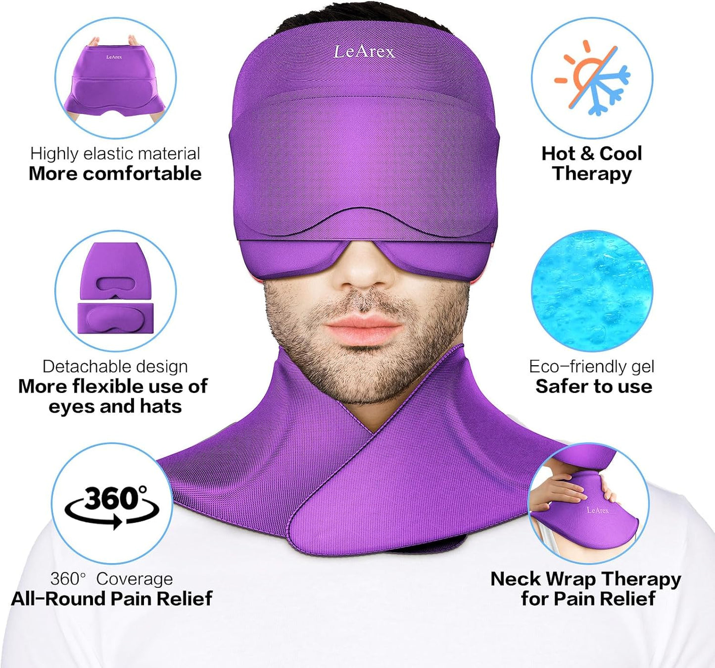 3 in 1 Migraine Relief Cap Neck Ice Pack Wrap Gel and Ice Eye Masks, Detachable Ice Caps with Eyes Masks, Hot and Cold Therapy for Relief of Headaches, Stiff Neck and Eye Fatigue