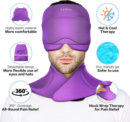 3 in 1 Migraine Relief Cap Neck Ice Pack Wrap Gel and Ice Eye Masks, Detachable Ice Caps with Eyes Masks, Hot and Cold Therapy for Relief of Headaches, Stiff Neck and Eye Fatigue