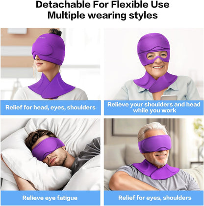 3 in 1 Migraine Relief Cap Neck Ice Pack Wrap Gel and Ice Eye Masks, Detachable Ice Caps with Eyes Masks, Hot and Cold Therapy for Relief of Headaches, Stiff Neck and Eye Fatigue
