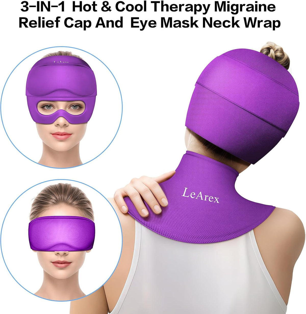 3 in 1 Migraine Relief Cap Neck Ice Pack Wrap Gel and Ice Eye Masks, Detachable Ice Caps with Eyes Masks, Hot and Cold Therapy for Relief of Headaches, Stiff Neck and Eye Fatigue