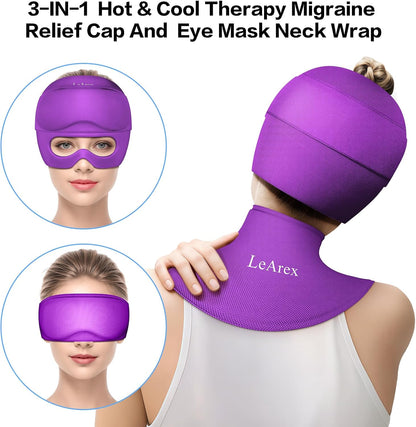 3 in 1 Migraine Relief Cap Neck Ice Pack Wrap Gel and Ice Eye Masks, Detachable Ice Caps with Eyes Masks, Hot and Cold Therapy for Relief of Headaches, Stiff Neck and Eye Fatigue
