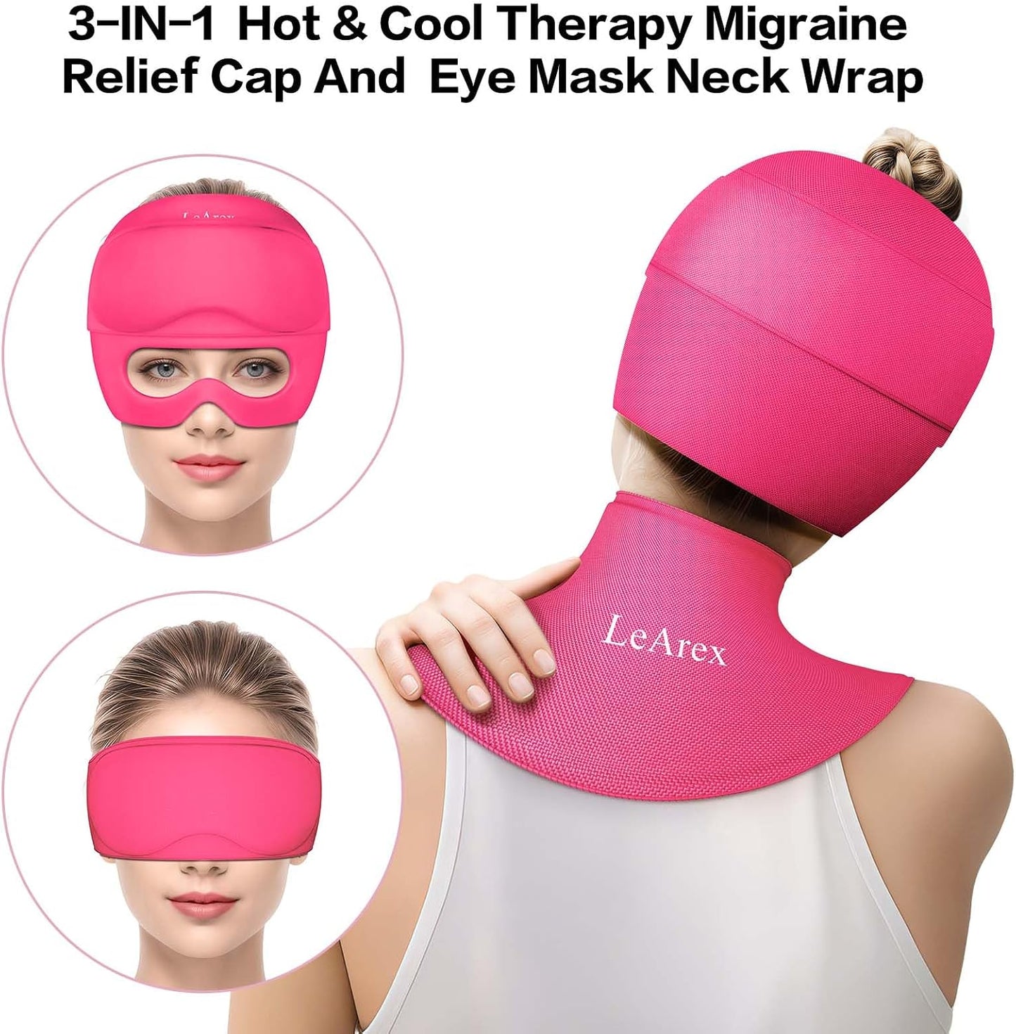 3 in 1 Migraine Relief Cap Neck Ice Pack Wrap Gel and Ice Eye Masks, Detachable Ice Caps with Eyes Masks, Hot and Cold Therapy for Relief of Headaches, Stiff Neck and Eye Fatigue