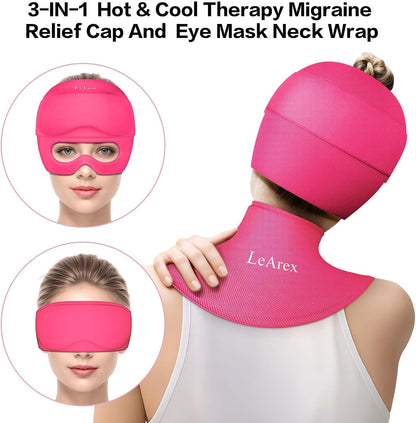 3 in 1 Migraine Relief Cap Neck Ice Pack Wrap Gel and Ice Eye Masks, Detachable Ice Caps with Eyes Masks, Hot and Cold Therapy for Relief of Headaches, Stiff Neck and Eye Fatigue