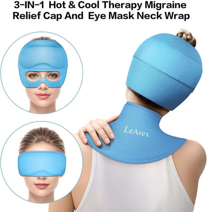 3 in 1 Migraine Relief Cap Neck Ice Pack Wrap Gel and Ice Eye Masks, Detachable Ice Caps with Eyes Masks, Hot and Cold Therapy for Relief of Headaches, Stiff Neck and Eye Fatigue