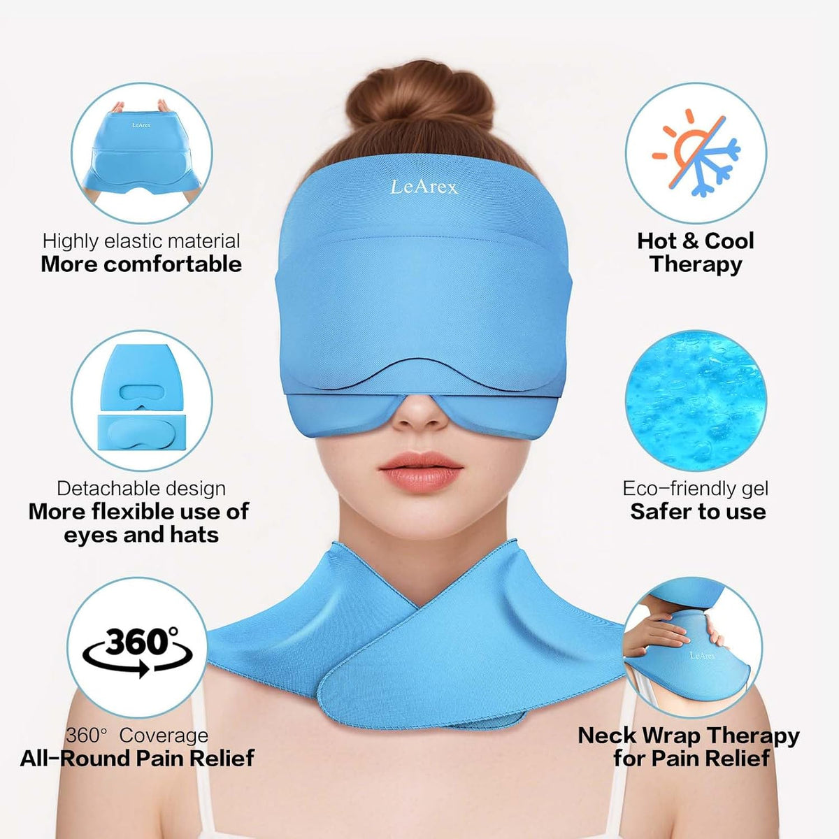 3 in 1 Migraine Relief Cap Neck Ice Pack Wrap Gel and Ice Eye Masks, Detachable Ice Caps with Eyes Masks, Hot and Cold Therapy for Relief of Headaches, Stiff Neck and Eye Fatigue