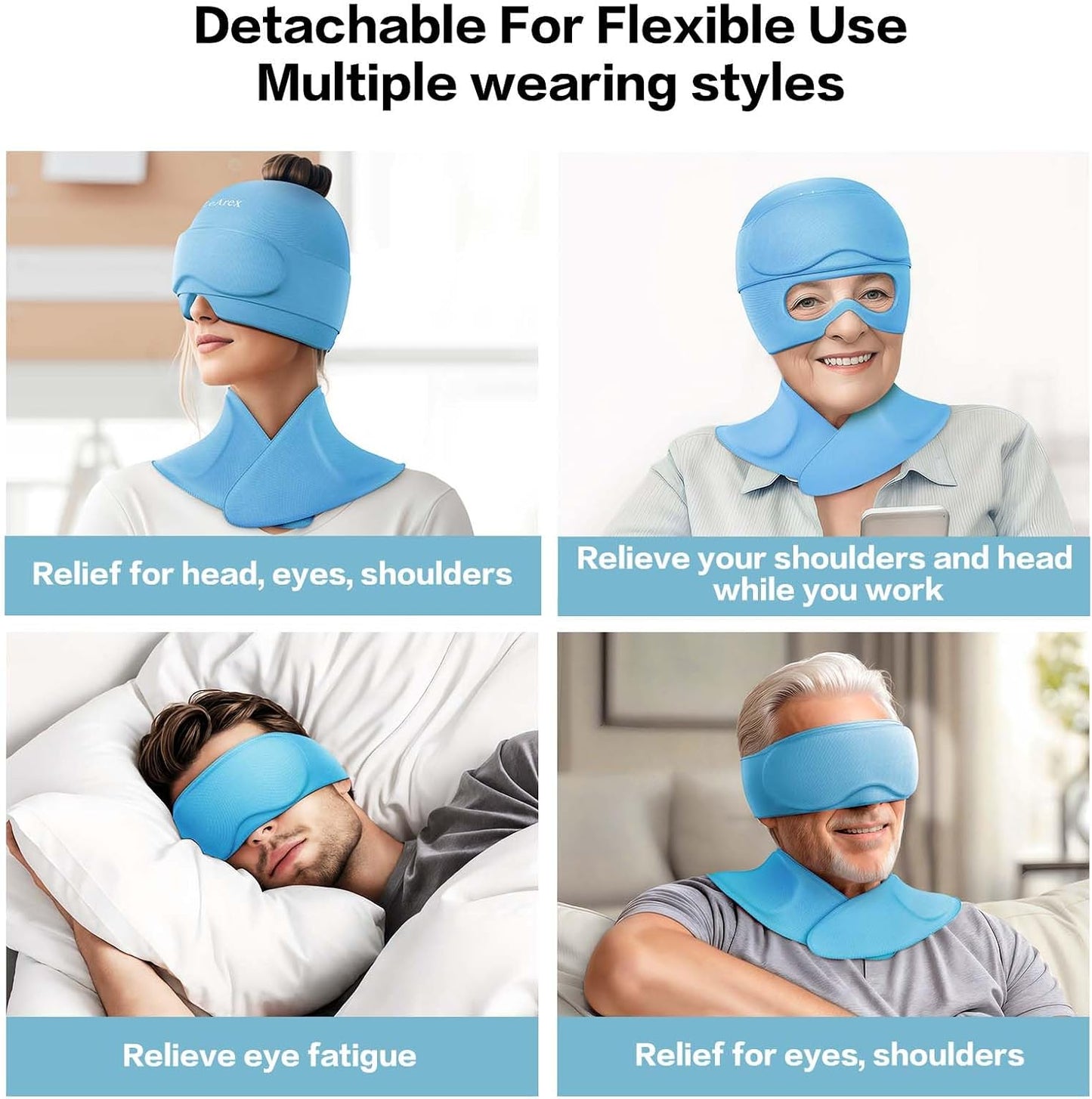 3 in 1 Migraine Relief Cap Neck Ice Pack Wrap Gel and Ice Eye Masks, Detachable Ice Caps with Eyes Masks, Hot and Cold Therapy for Relief of Headaches, Stiff Neck and Eye Fatigue