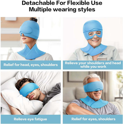 3 in 1 Migraine Relief Cap Neck Ice Pack Wrap Gel and Ice Eye Masks, Detachable Ice Caps with Eyes Masks, Hot and Cold Therapy for Relief of Headaches, Stiff Neck and Eye Fatigue