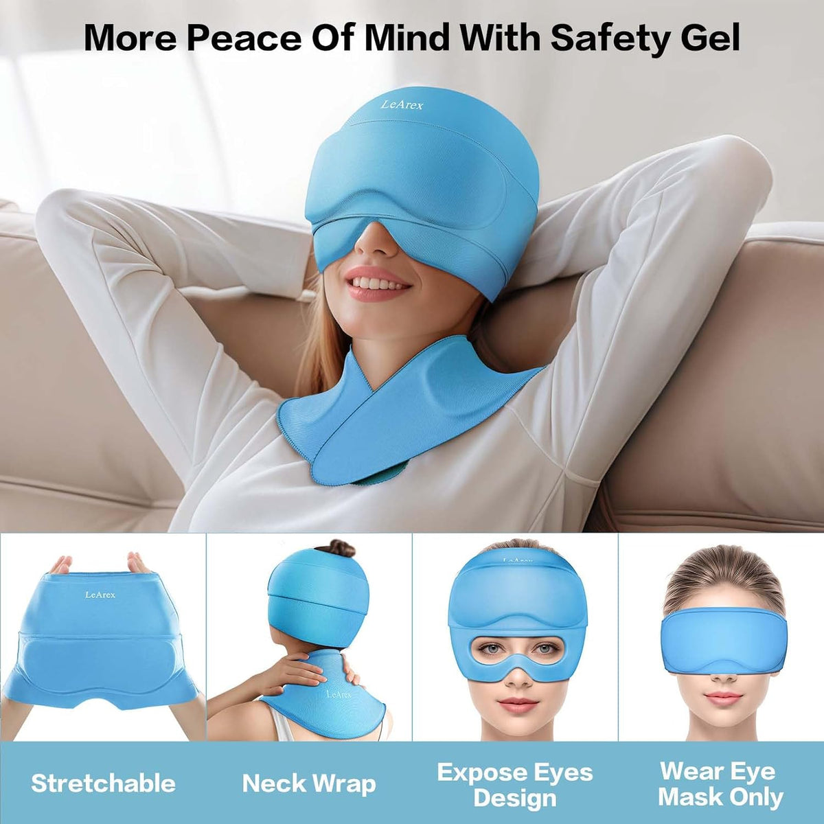 3 in 1 Migraine Relief Cap Neck Ice Pack Wrap Gel and Ice Eye Masks, Detachable Ice Caps with Eyes Masks, Hot and Cold Therapy for Relief of Headaches, Stiff Neck and Eye Fatigue