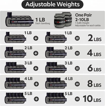 Adjustable Ankle Weights 1 Pair 2 4 6 8 10 Lbs Leg Weight Straps for Strength Training, Walking, Jogging, Running, and Fitness Workouts – 1-5 lbs Each Ankle, 10 lbs Pair Set