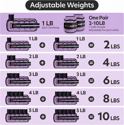 Adjustable Ankle Weights 1 Pair 2 4 6 8 10 Lbs Leg Weight Straps for Strength Training, Walking, Jogging, Running, and Fitness Workouts – 1-5 lbs Each Ankle, 10 lbs Pair Set