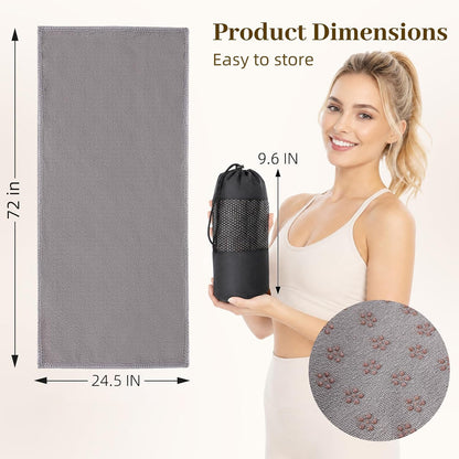 Non Slip Yoga Mat Towel with Silicone Grip Dots, Sweat Absorbent for Hot Yoga Pilates Workout Fitness, 72"x24" Machine Washable with Carry Bag