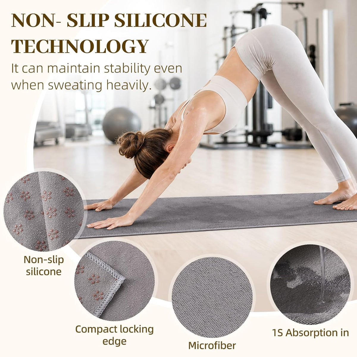 Non Slip Yoga Mat Towel with Silicone Grip Dots, Sweat Absorbent for Hot Yoga Pilates Workout Fitness, 72"x24" Machine Washable with Carry Bag