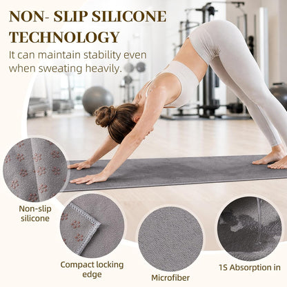 Non Slip Yoga Mat Towel with Silicone Grip Dots, Sweat Absorbent for Hot Yoga Pilates Workout Fitness, 72"x24" Machine Washable with Carry Bag