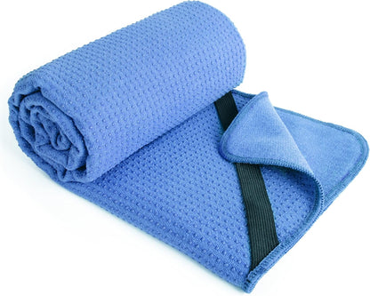 Microfiber Hot Yoga Towel Mat with Non-Slip Silicone Grip and Secure Fit Elastic Straps, 24 x 72 in (Purple)