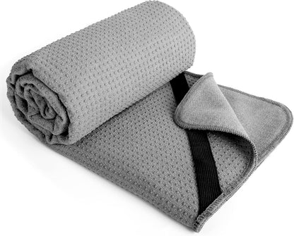 Microfiber Hot Yoga Towel Mat with Non-Slip Silicone Grip and Secure Fit Elastic Straps, 24 x 72 in (Purple)